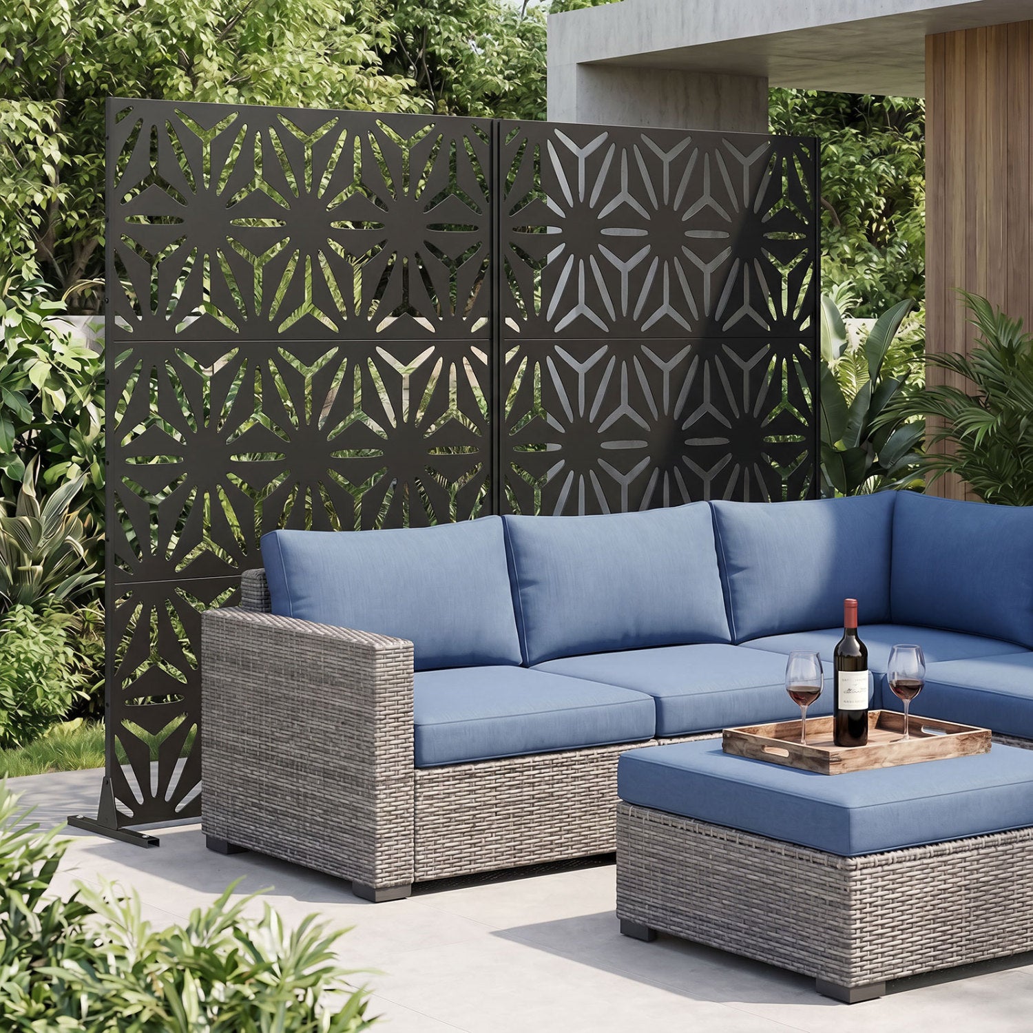 Black freestanding fence panel with stand and expansion bolts, 72 inches high and 48 inches wide, for room division.