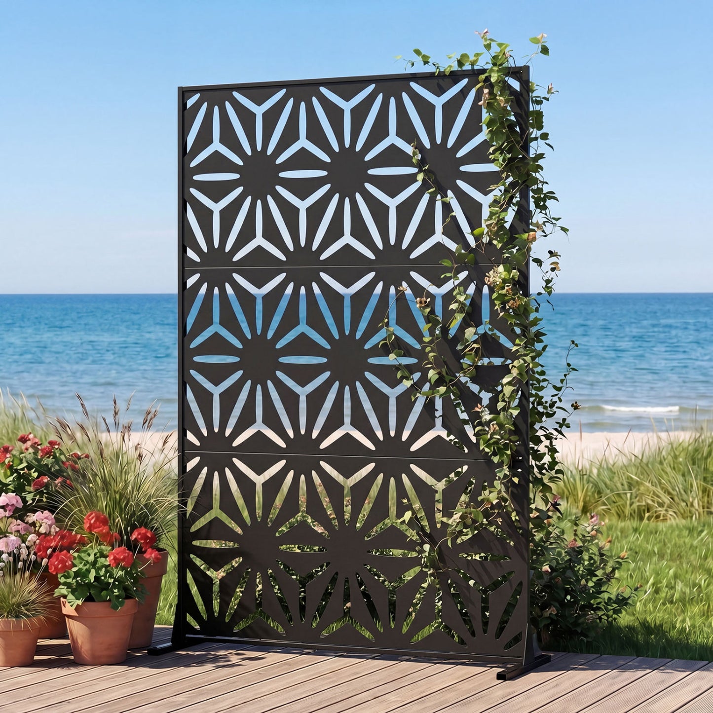 Black 72-inch by 48-inch freestanding fence panel with stand and expansion bolts, ideal as a room divider for home decor.