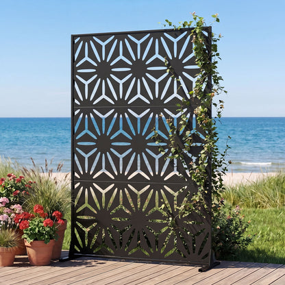 Black 72-inch by 48-inch freestanding fence panel with stand and expansion bolts, ideal as a room divider for home decor.