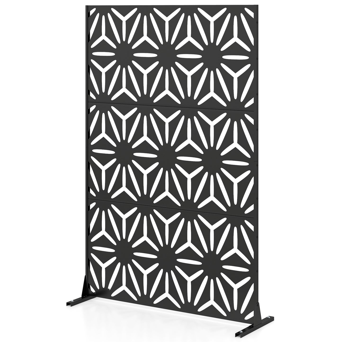 Black 72x48-inch freestanding fence panel with stand and expansion bolts, ideal as a room divider for home decor.
