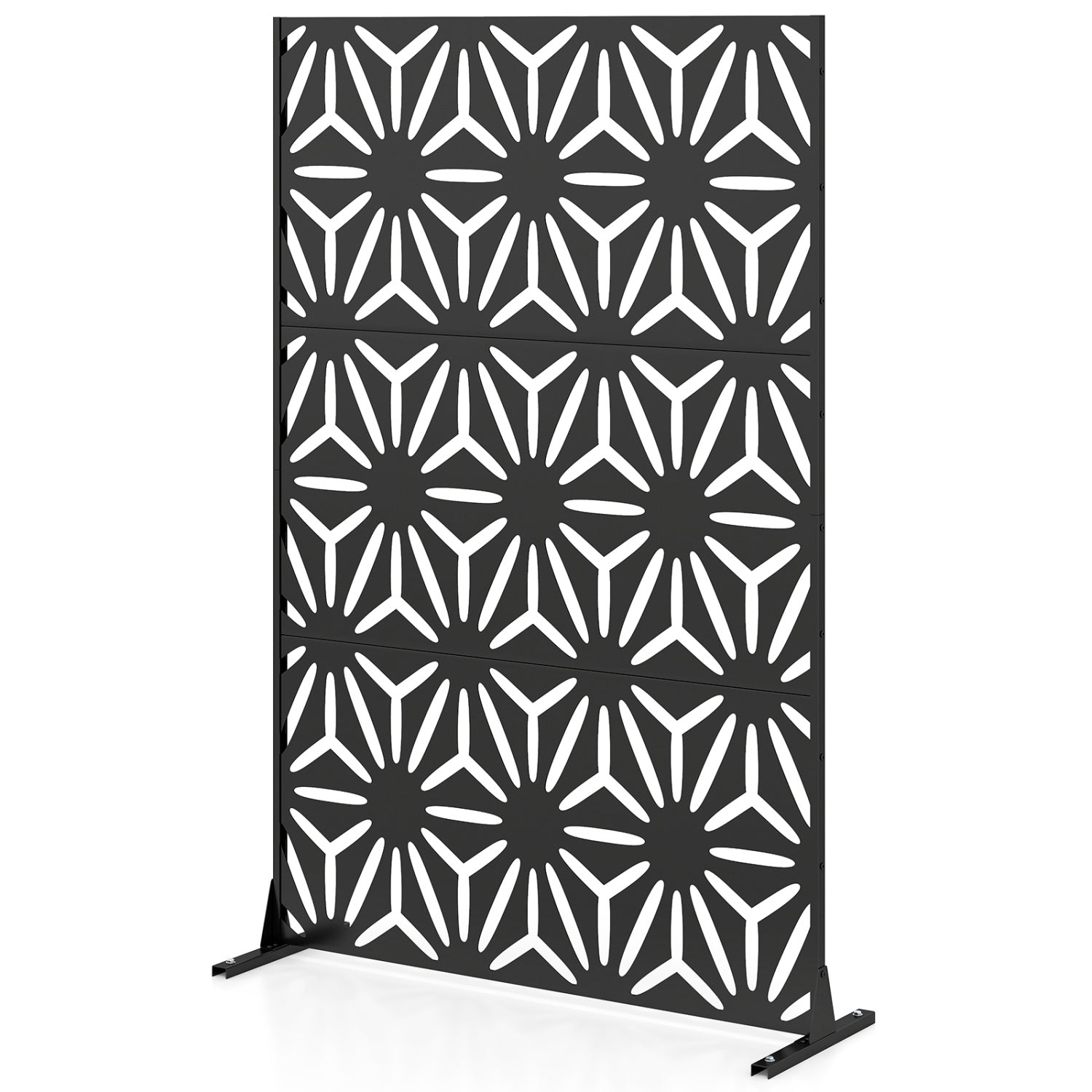 Black 72x48-inch freestanding fence panel with stand and expansion bolts, ideal as a room divider for home decor.