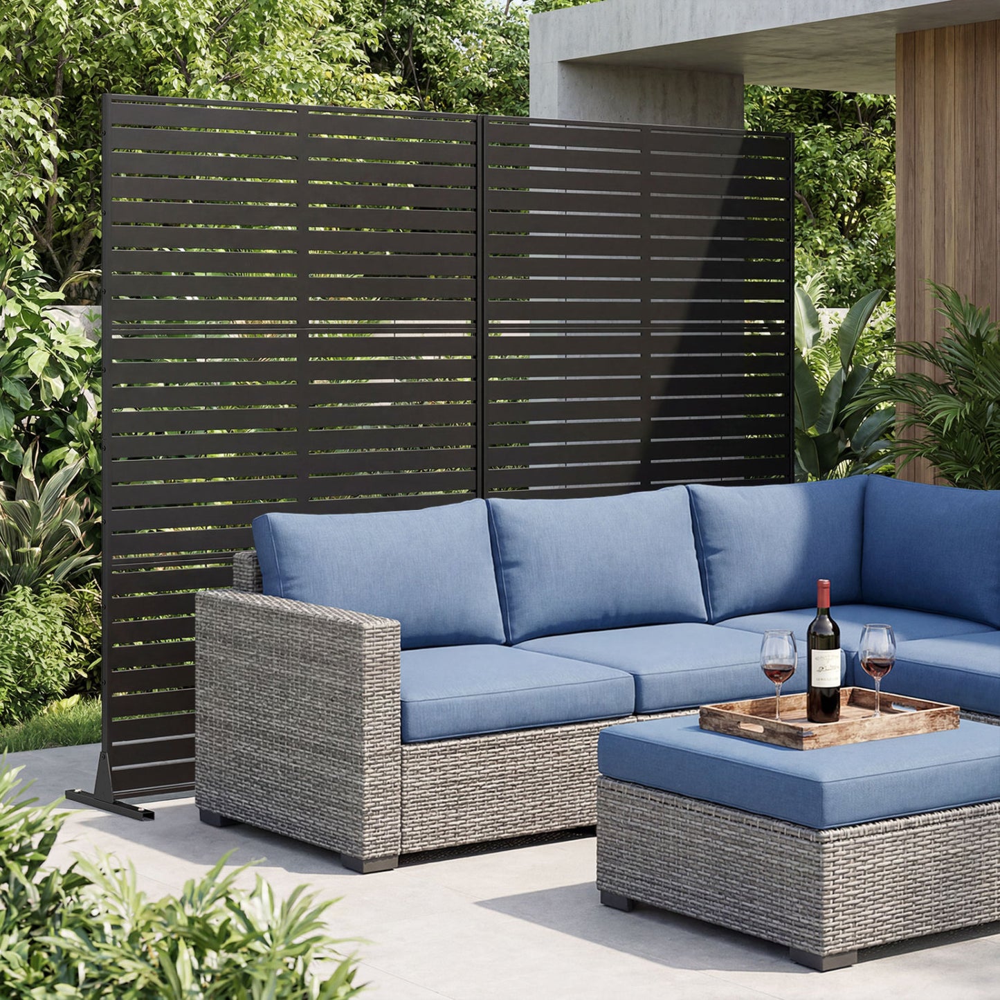 Black outdoor decorative room divider screen, 72 inches high and 48 inches wide with stand and expansion bolts for outdoor use.
