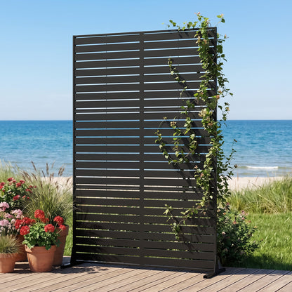 Black outdoor decorative room divider screen with stand and expansion bolts, 72 inches high and 48 inches wide.