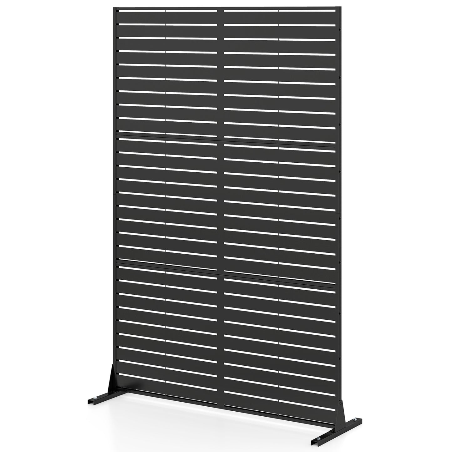 Black outdoor decorative room divider screen with stand and expansion bolts, measuring 72 inches high by 48 inches wide.