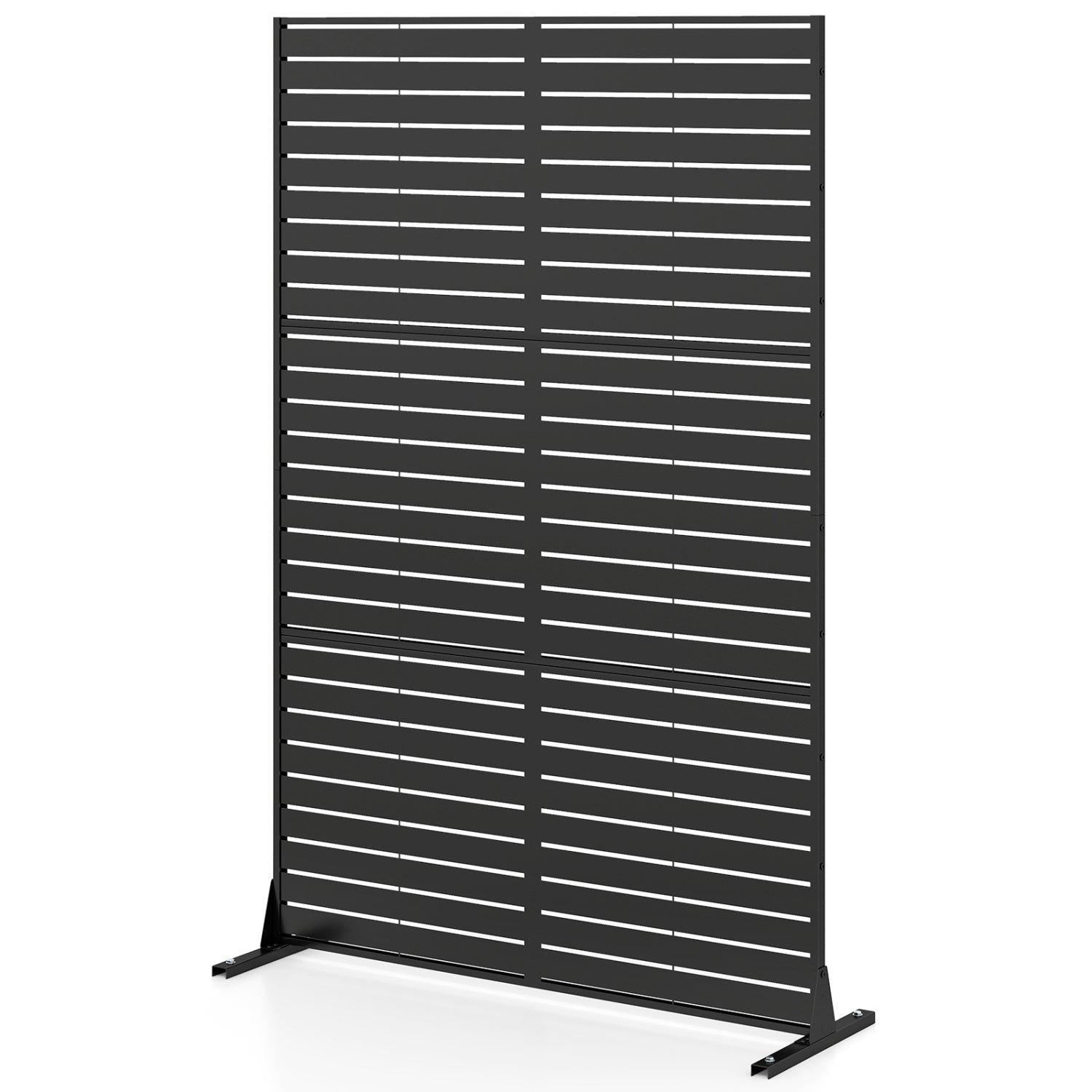 Black outdoor decorative room divider screen with stand and expansion bolts, measuring 72 inches high by 48 inches wide.