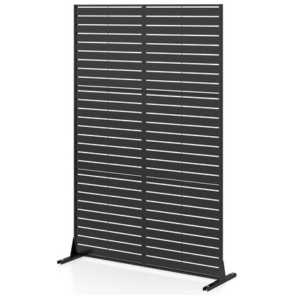 Black outdoor decorative room divider screen with stand and expansion bolts, measuring 72 inches high by 48 inches wide.