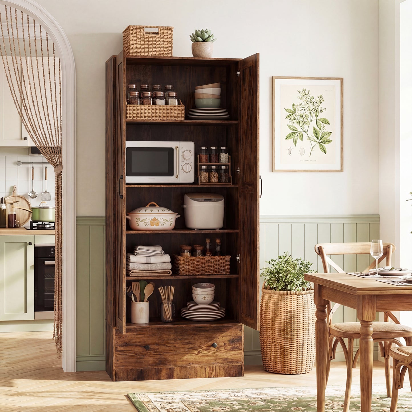 72 Inch Tall Kitchen Pantry Cabinet Farmhouse Wooden Cupboard with 2 Doors-Rustic Brown