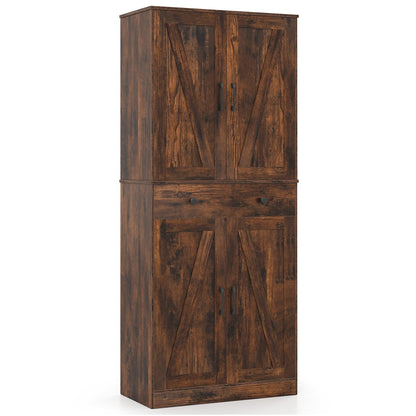 72 Inch Tall Modern Farmhouse Cupboard Cabinet with 4 Barn Doors-Coffee