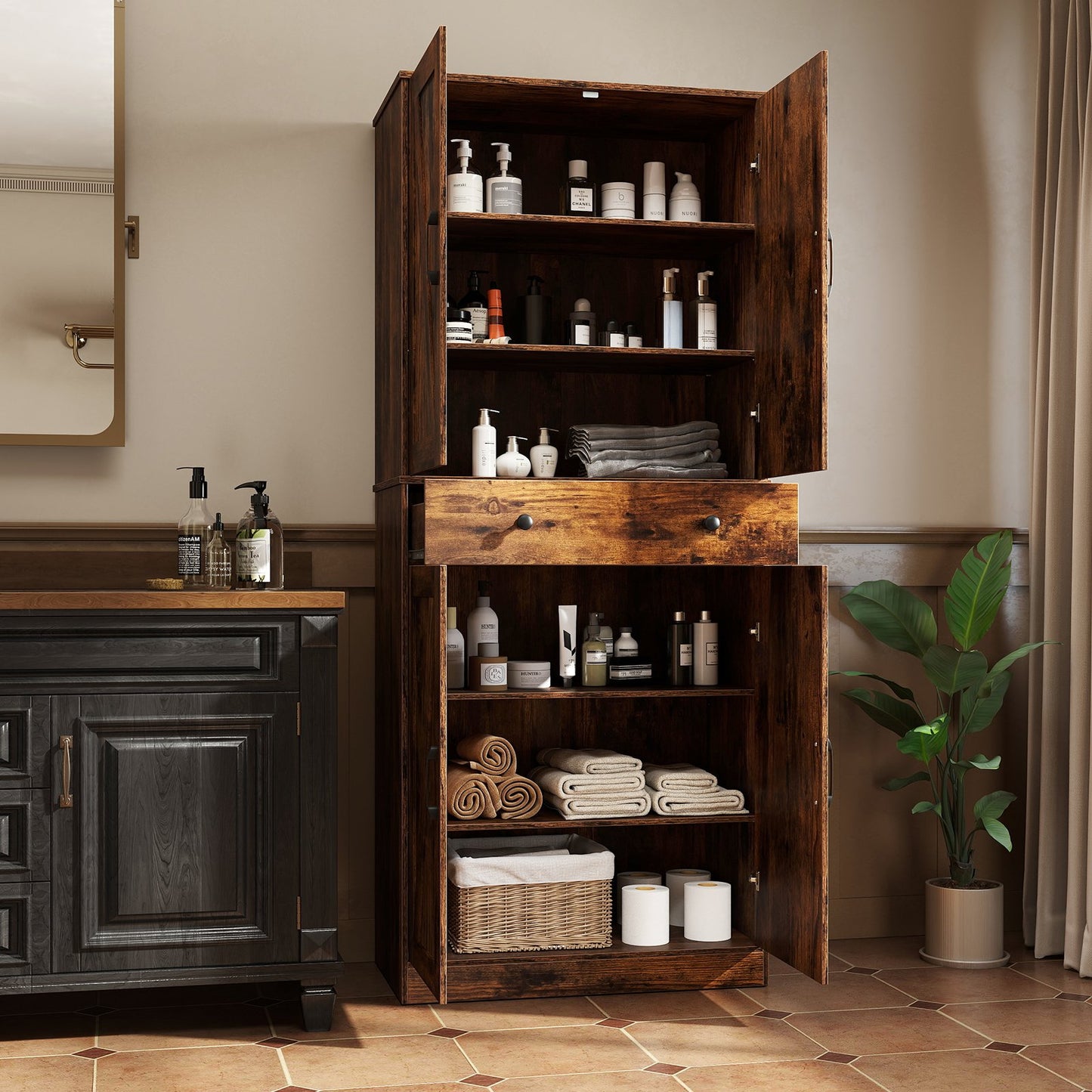 72 Inch Tall Modern Farmhouse Cupboard Cabinet with 4 Barn Doors-Coffee