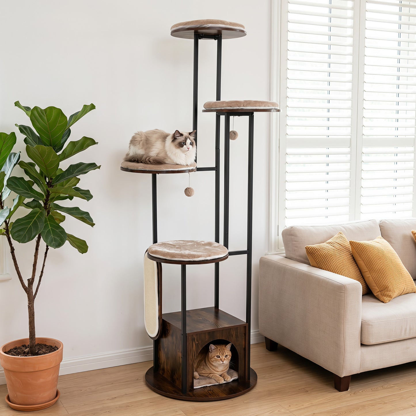 Rustic brown 72-inch tall multi-level cat condo with top perches, platforms, and washable mats for cats to climb and relax.