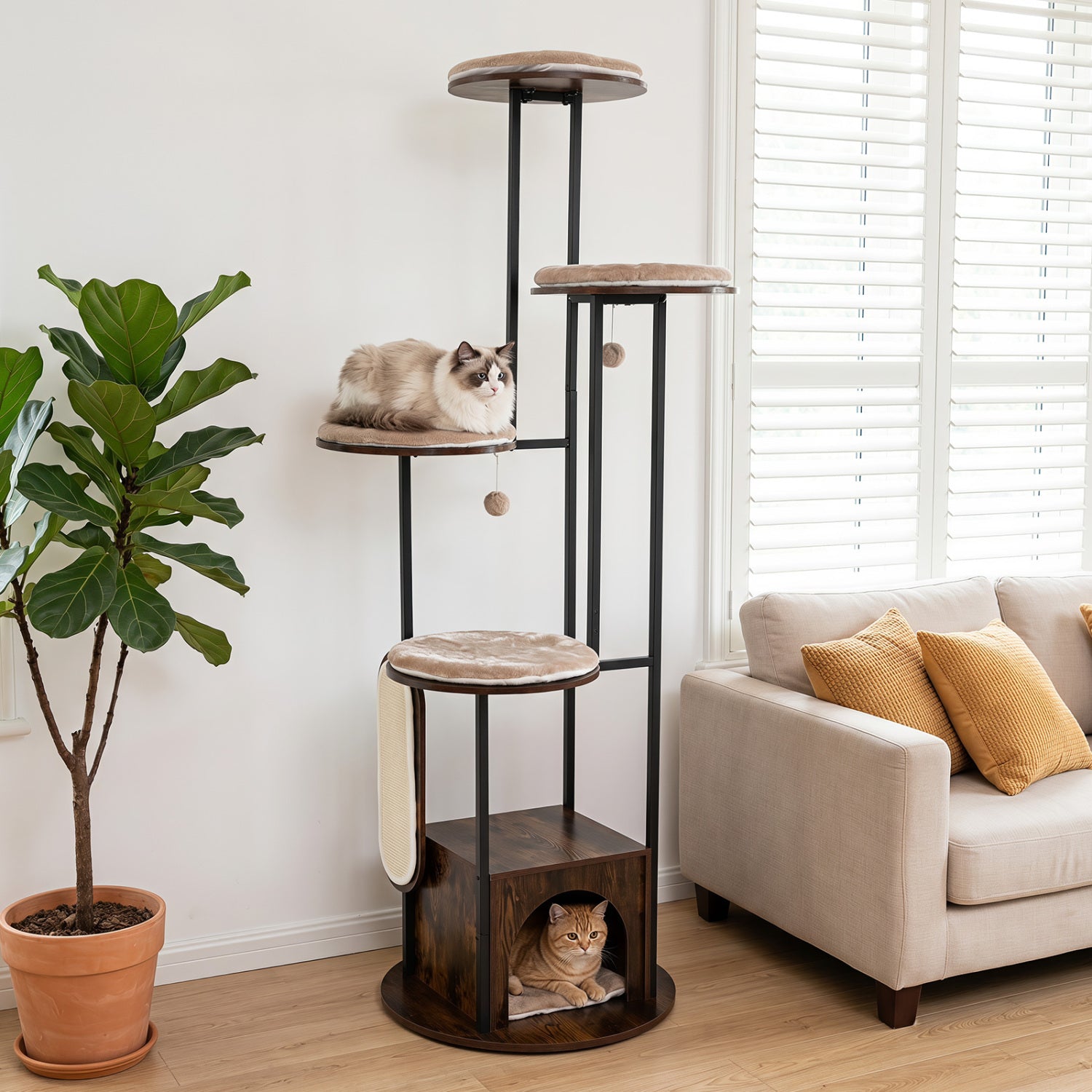 Rustic brown 72-inch tall multi-level cat condo with top perches, platforms, and washable mats for cats to climb and relax.
