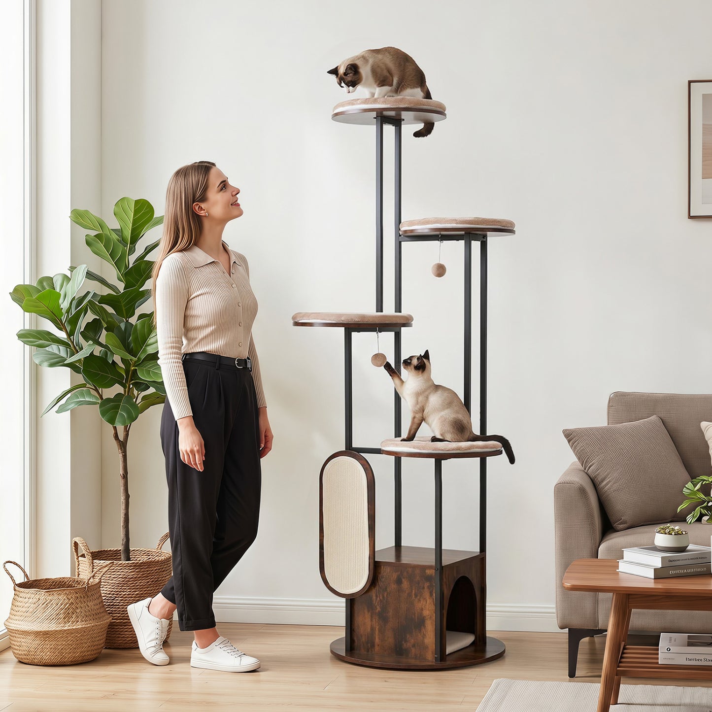 Tall rustic brown 72-inch cat condo with multiple levels, top perches, and washable mats for climbing and lounging.