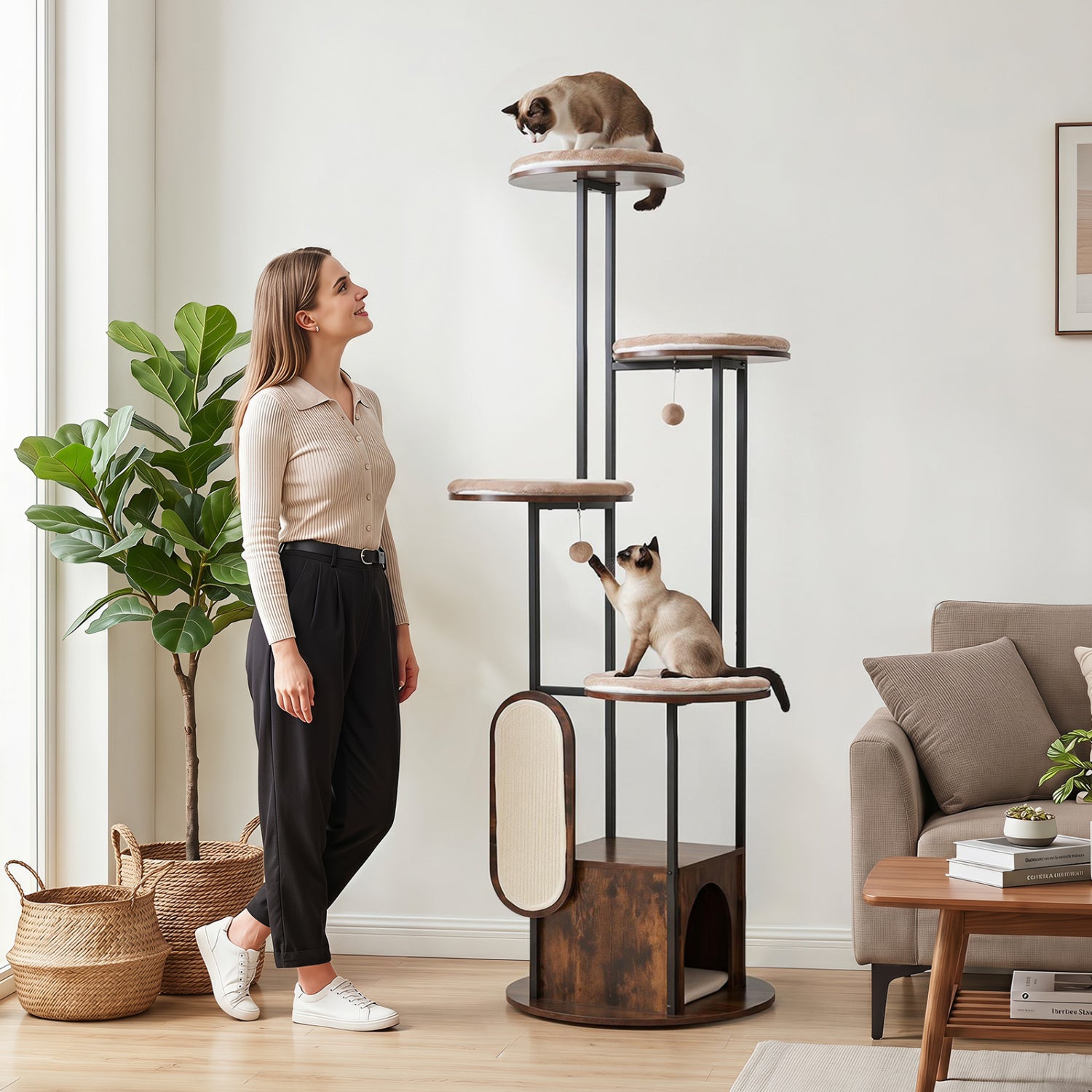 Tall rustic brown 72-inch cat condo with multiple levels, top perches, and washable mats for climbing and lounging.
