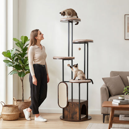 Tall rustic brown 72-inch cat condo with multiple levels, top perches, and washable mats for climbing and lounging.