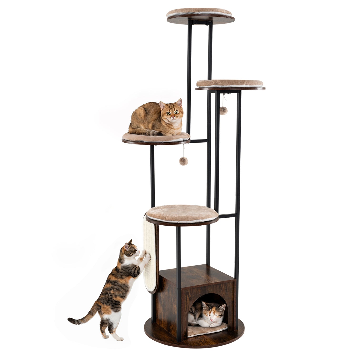 Tall 72-inch multi-level cat condo with top perches, platforms, and washable mats in rustic brown, ideal for cats' climbing and lounging.