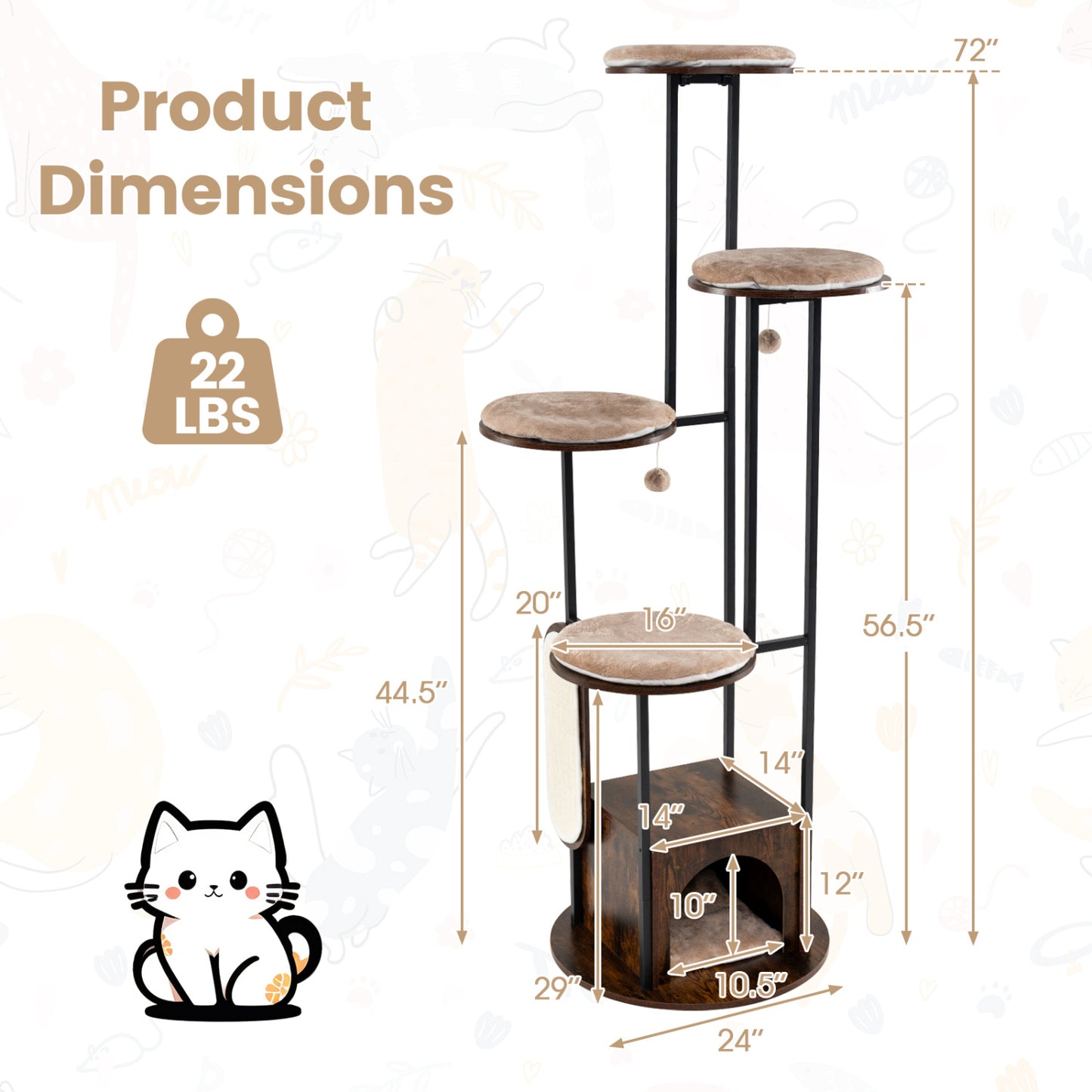 Tall 72-inch multi-level cat condo in rustic brown with top perches, platforms, and washable mats for feline climbing and lounging.