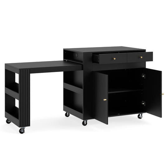 Black 72-inch kitchen island with extendable dining table and built-in power outlet, featuring modern design and ample storage.