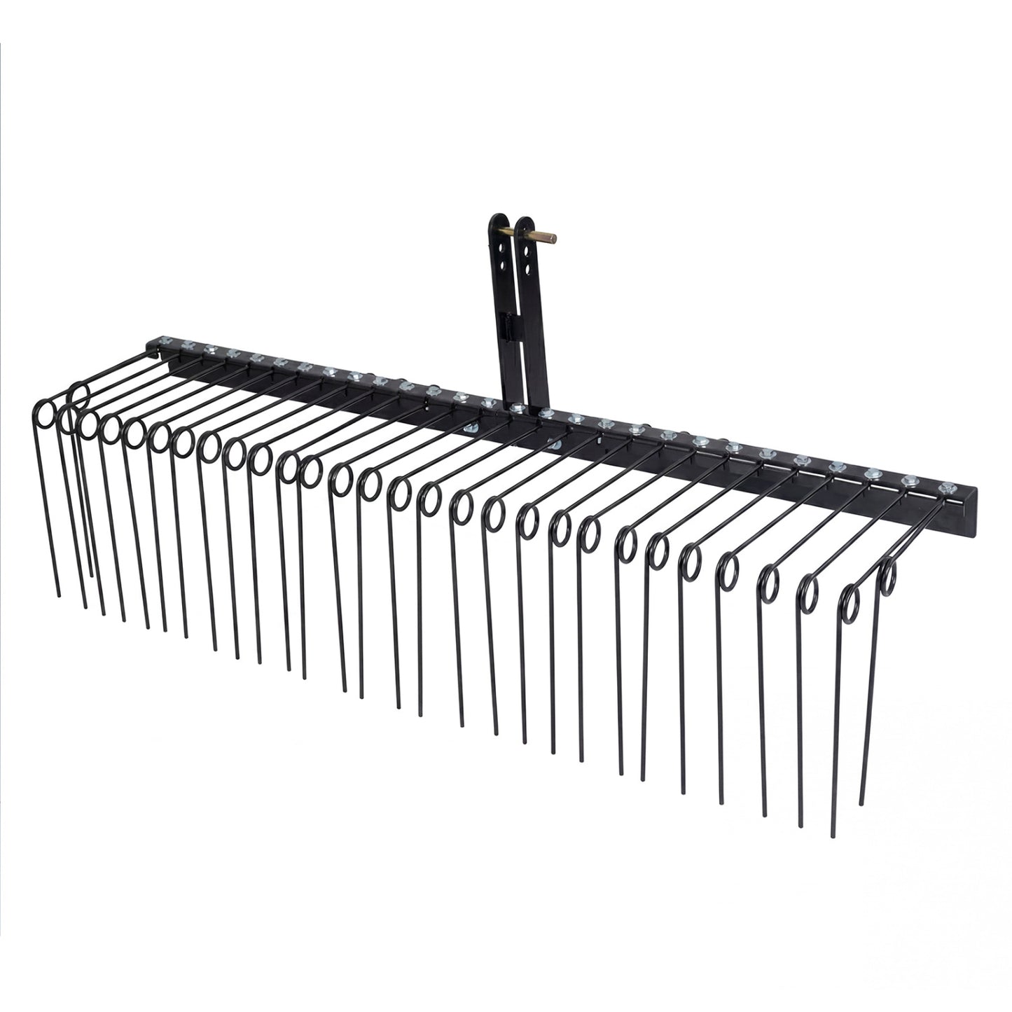 Black 72-inch pine straw rake with 30 metal coil tines for lawn and garden cleanup, ideal for outdoor yard work.