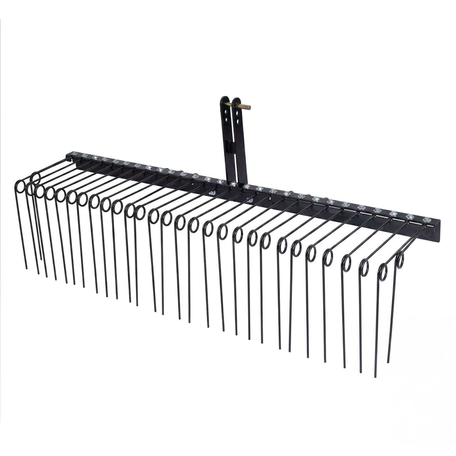 Black 72-inch pine straw rake with 30 metal coil tines for lawn and garden cleanup, ideal for outdoor yard work.