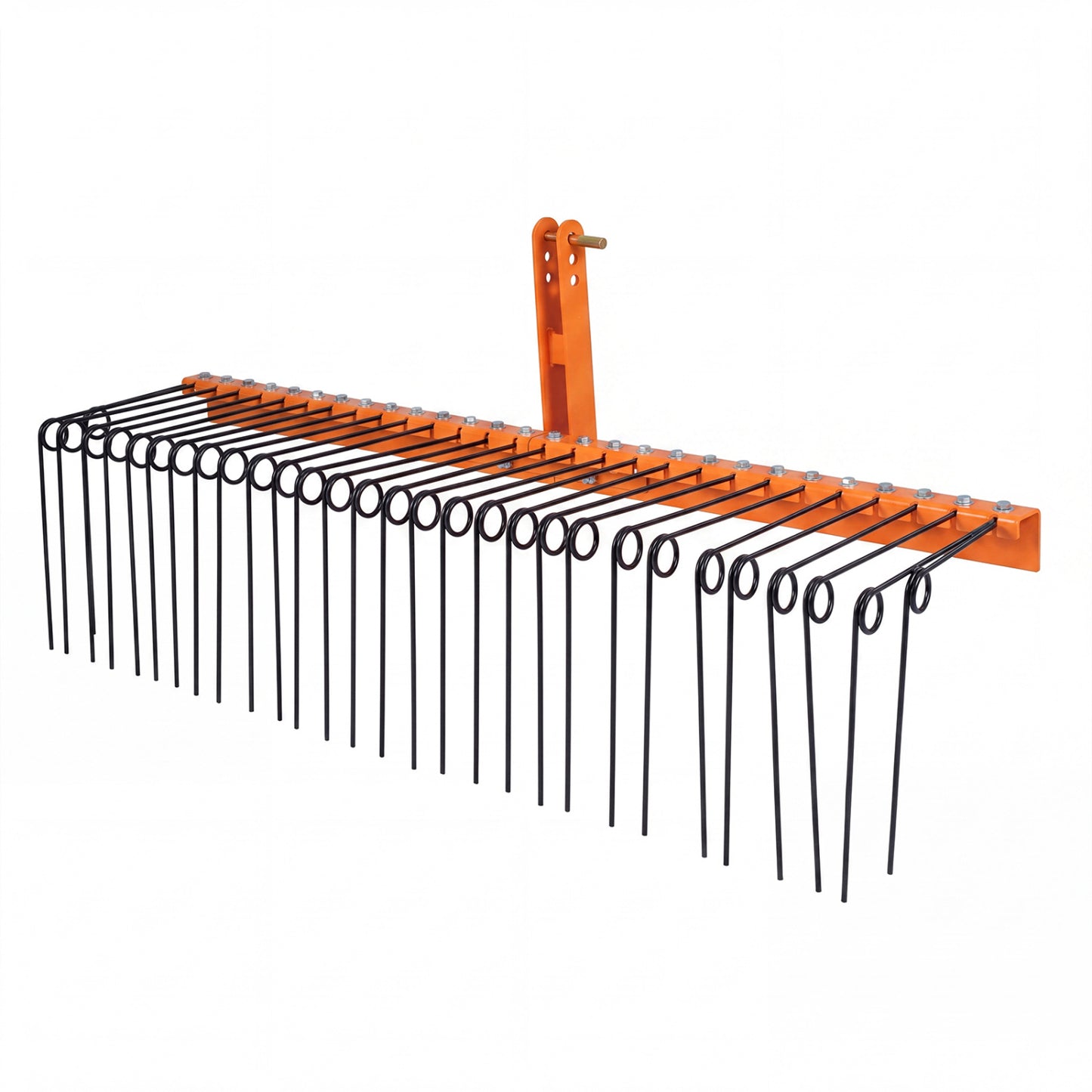 Black 72-inch pine straw rake with 30 metal coil tines for lawn and garden grass care, ideal outdoor garden tool.