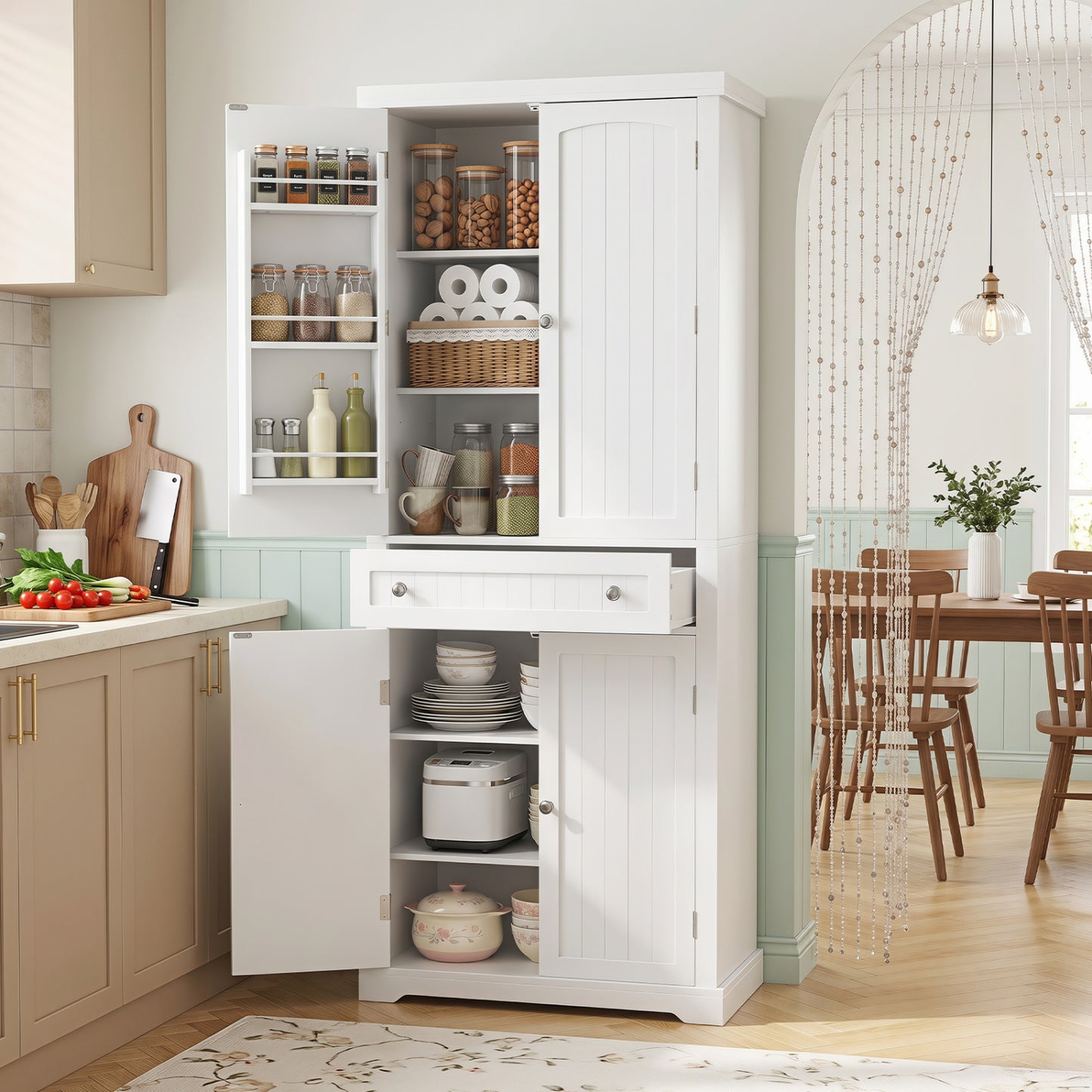 72” Tall Kitchen Cabinet  Pantry Storage Cabinet with 4 Fluted Doors and 6 Door Shelves-White