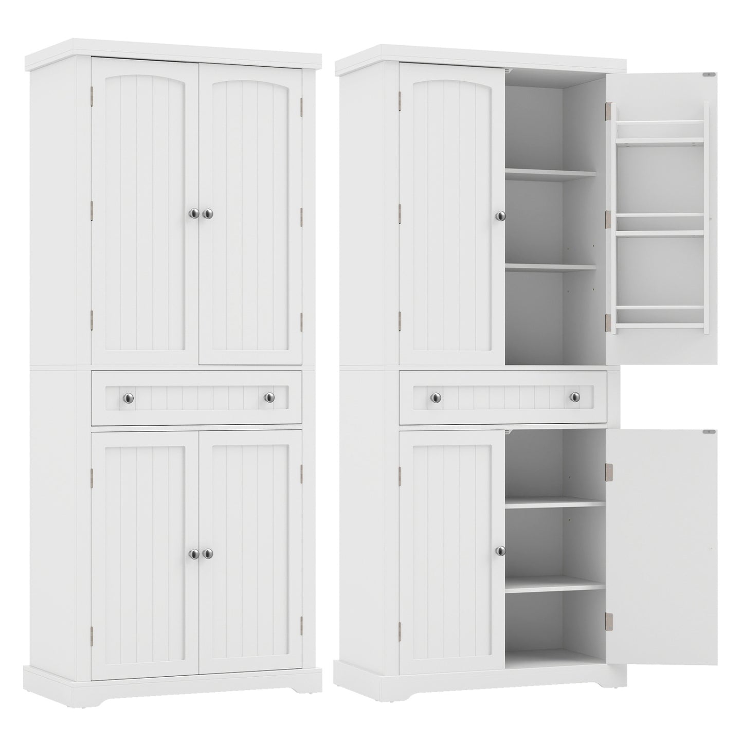 72” Tall Kitchen Cabinet  Pantry Storage Cabinet with 4 Fluted Doors and 6 Door Shelves-White