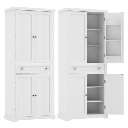 72” Tall Kitchen Cabinet  Pantry Storage Cabinet with 4 Fluted Doors and 6 Door Shelves-White