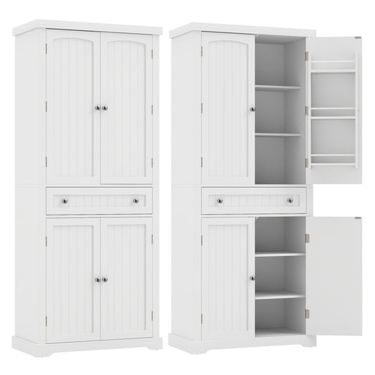White 72-inch tall kitchen cabinet with four fluted doors and six shelves, ideal for pantry storage and kitchen organization.