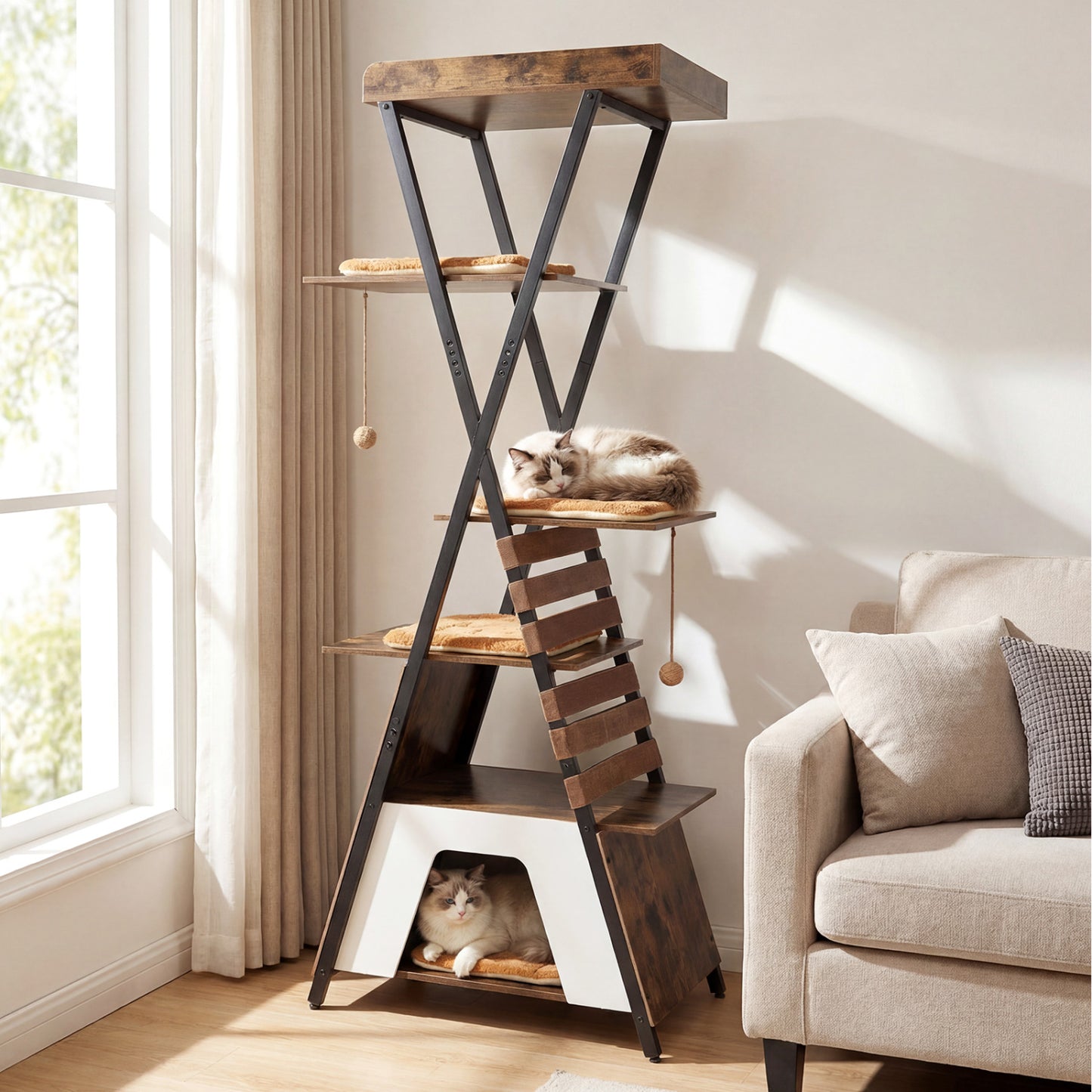 73 Inch Multi-level Cat Tree for Indoor Cats with Elevated Perch and Large Condo-Green