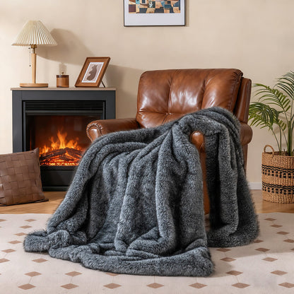 740GSM Soft Plush Fuzzy Luxury Faux Wolf Fur Blanket for Sofa-GR