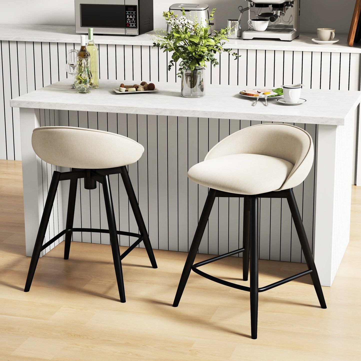 Upholstered Bar Stools Set of 2 with Footrest and Backrest-Beige