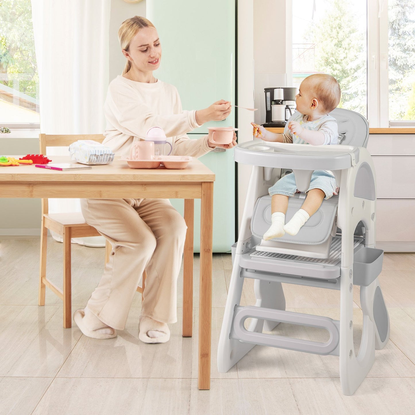 Convertible Baby High Chair with Double-layer Tray and Adjustable Backrest-Grey