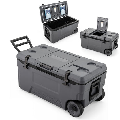 Gray 74-quart portable rolling cooler with built-in fish ruler for outdoor camping and outdoor activities.
