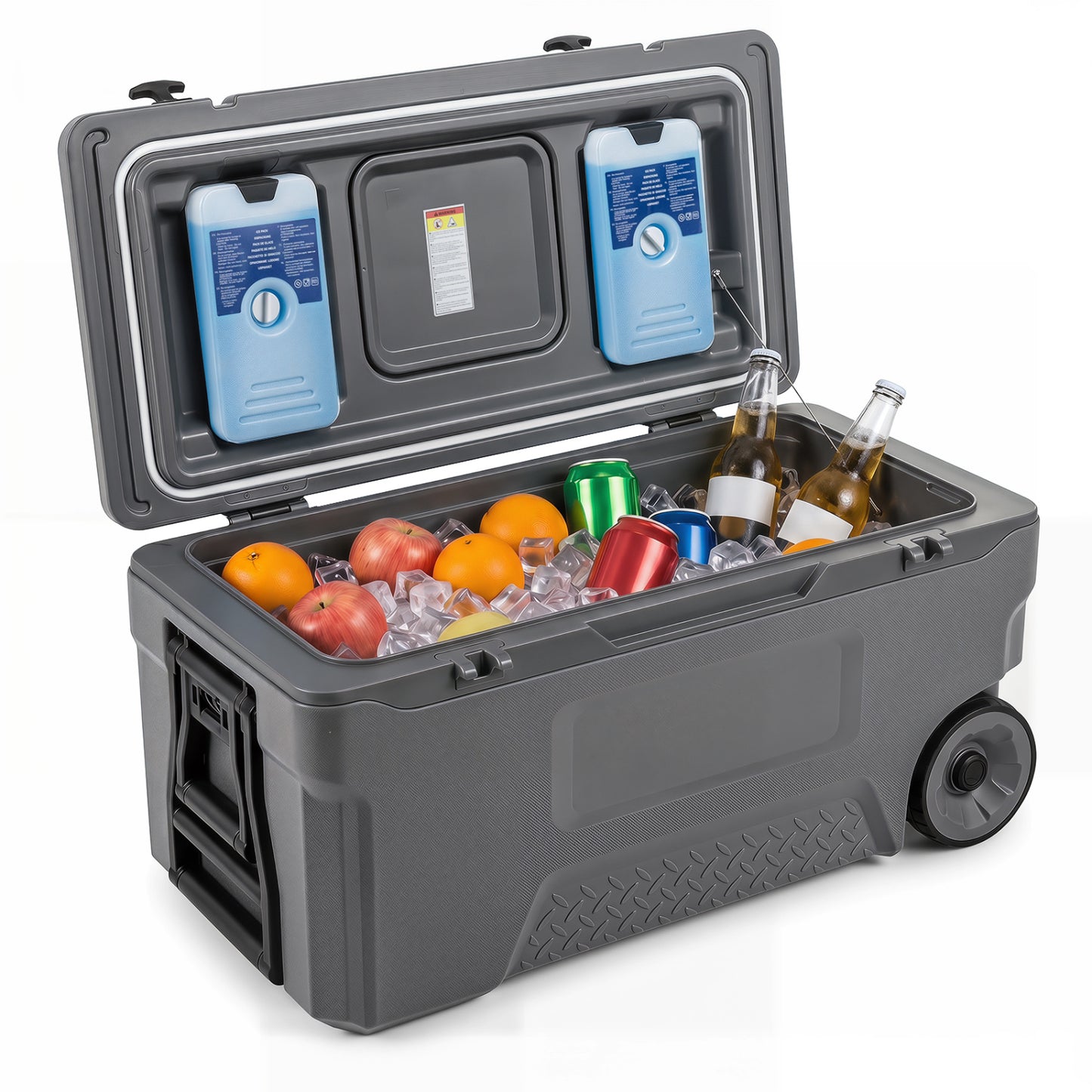 Gray 74-quart portable rolling cooler with fish ruler for outdoor camping by Wilsons Home Store, ideal for outdoor activities.