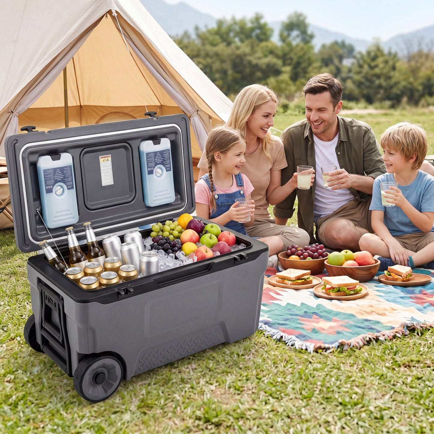 Gray 74-quart portable rolling cooler with built-in fish ruler, ideal for outdoor camping and picnics by Wilsons Home Store.