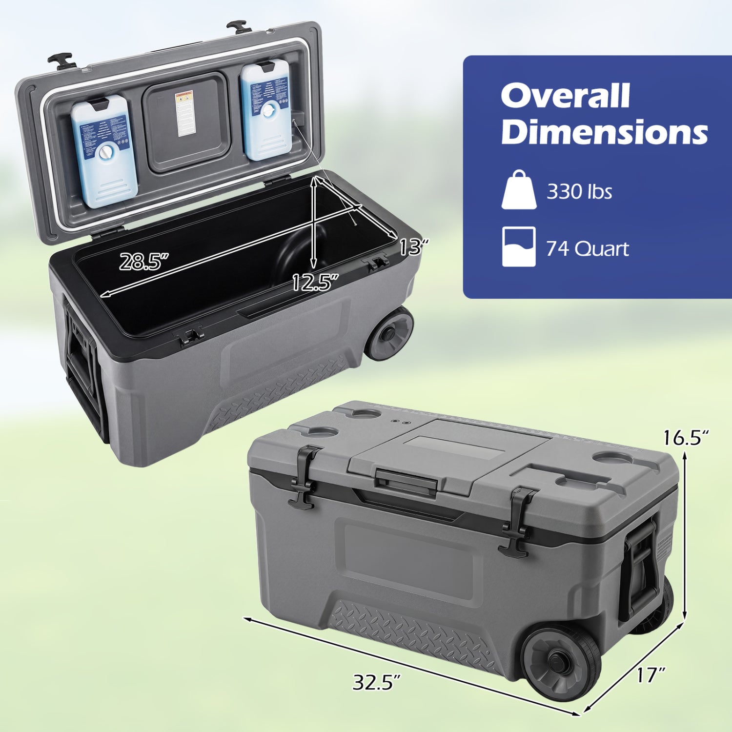 Gray 74-quart portable rolling cooler with built-in fish ruler, ideal for outdoor camping and outdoor activities.