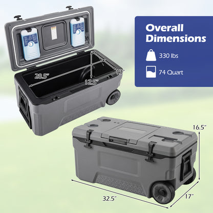 Gray 74-quart portable rolling cooler with built-in fish ruler, ideal for outdoor camping and outdoor activities.