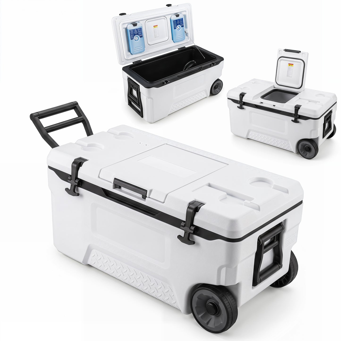 Gray 74-quart portable rolling cooler with fish ruler for outdoor camping, featuring sturdy wheels and insulated storage.
