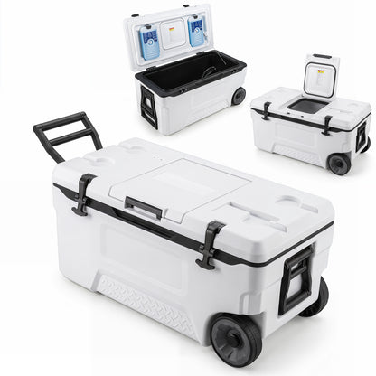 Gray 74-quart portable rolling cooler with fish ruler for outdoor camping, featuring sturdy wheels and insulated storage.