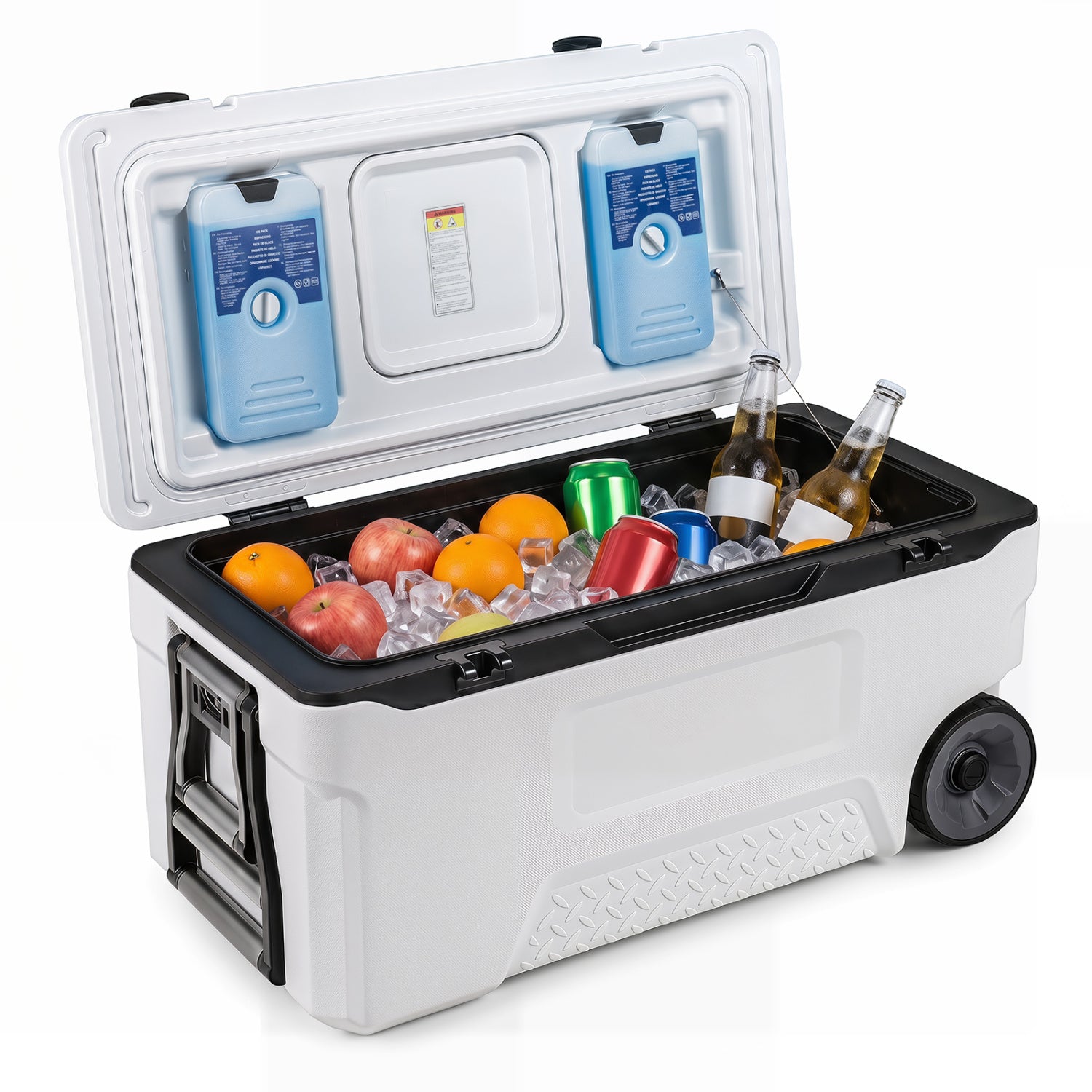 Gray 74-quart portable rolling cooler with fish ruler for outdoor camping, featuring sturdy wheels and spacious storage.