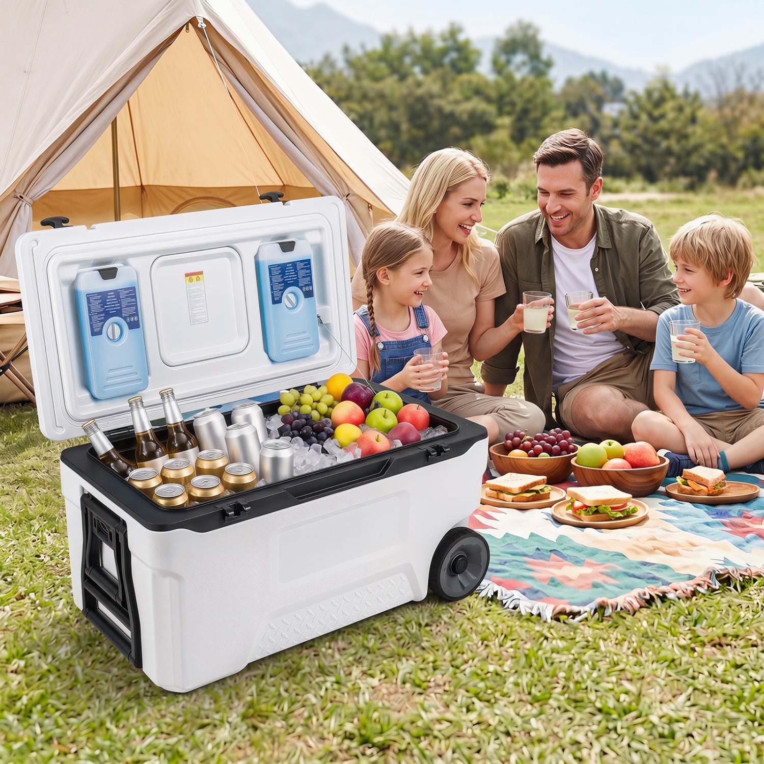 Gray 74-quart portable rolling cooler with built-in fish ruler for outdoor camping and outdoor activities.