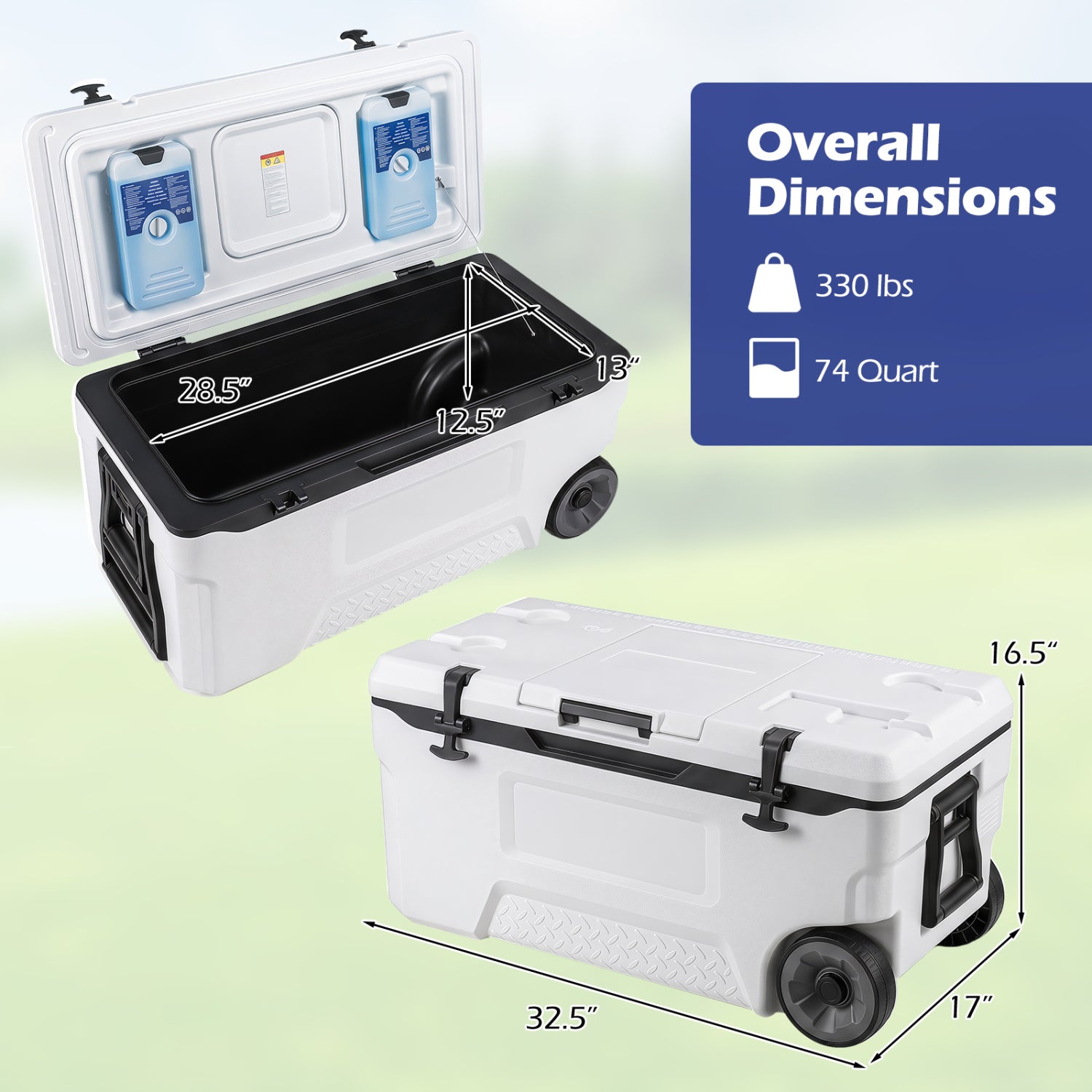 Gray 74-quart portable rolling cooler with built-in fish ruler for outdoor camping and outdoor activities.