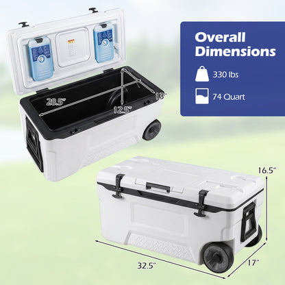 Gray 74-quart portable rolling cooler with built-in fish ruler for outdoor camping and outdoor activities.