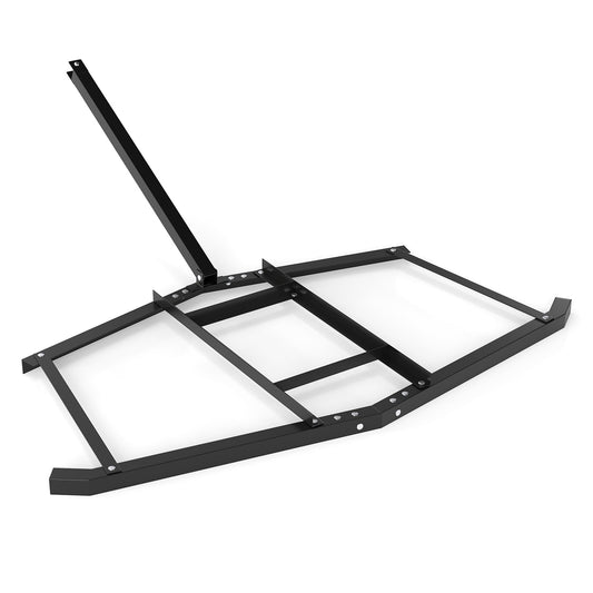 74-inch wide driveway drag behind landscaping rake with reinforced bars, black outdoor garden lawn care tool.