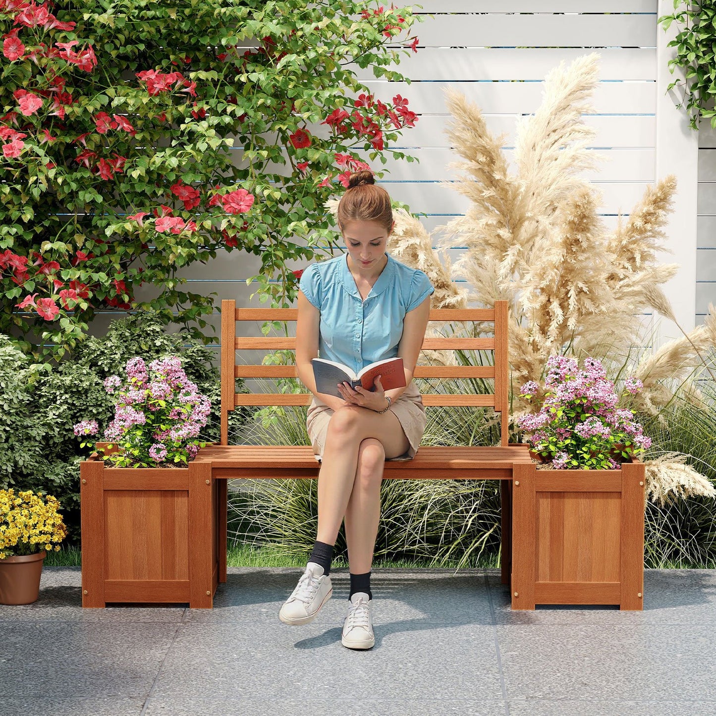 Wood Planter Box with Bench and Backrest for Garden Yard Balcony-36 inches