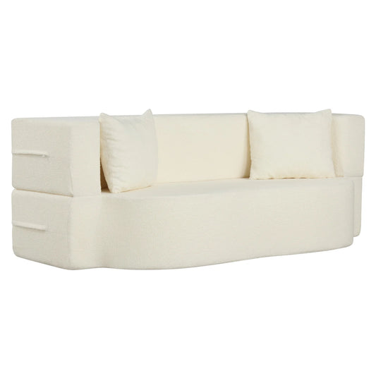 75.5 inch Folding Sofa Bed 2-in-1 Convertible Teddy Fleece Floor Loveseat with 2 Comfortable Pillows-Beige