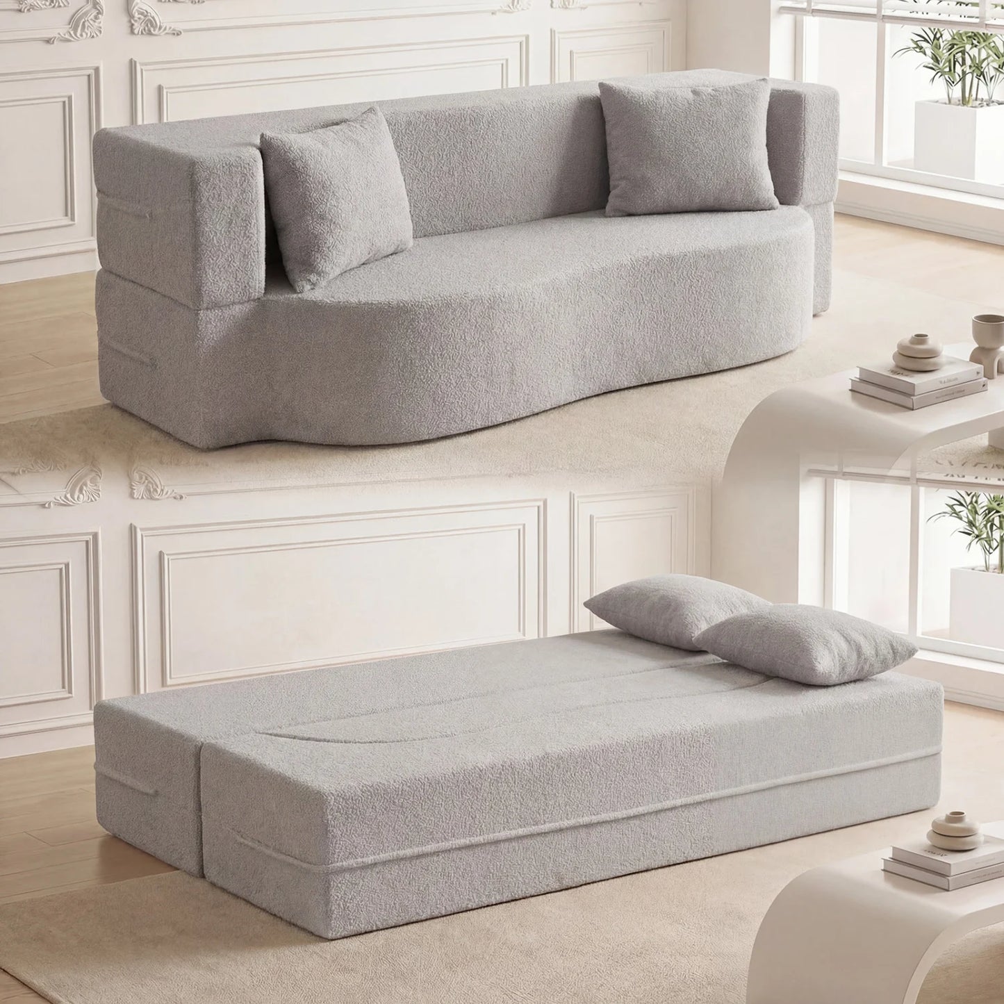 75.5 inch Folding Sofa Bed 2-in-1 Convertible Teddy Fleece Floor Loveseat with 2 Comfortable Pillows-Beige