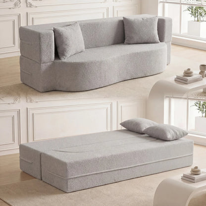 75.5 inch Folding Sofa Bed 2-in-1 Convertible Teddy Fleece Floor Loveseat with 2 Comfortable Pillows-Beige