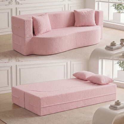 75.5 inch Folding Sofa Bed 2-in-1 Convertible Teddy Fleece Floor Loveseat with 2 Comfortable Pillows-Beige