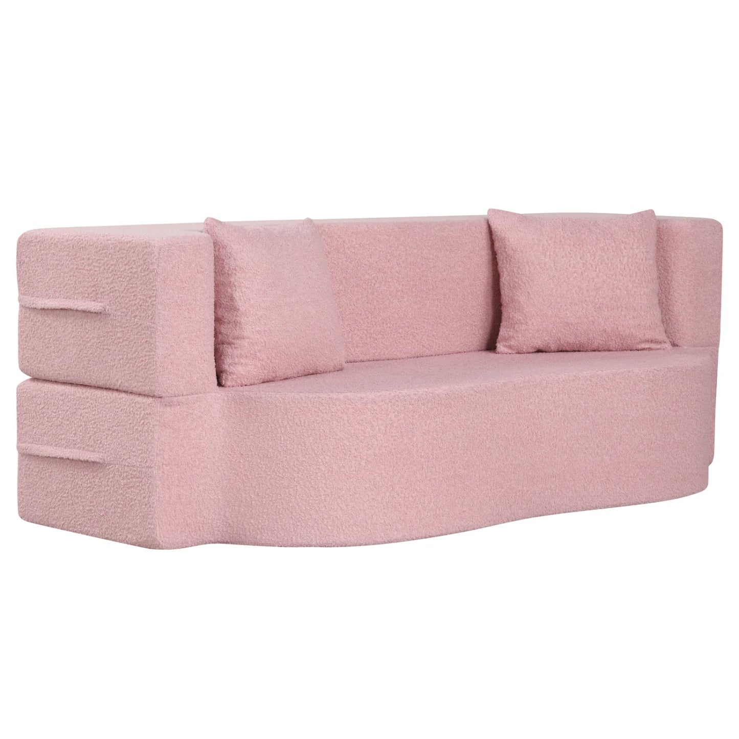 75.5 inch Folding Sofa Bed 2-in-1 Convertible Teddy Fleece Floor Loveseat with 2 Comfortable Pillows-Beige